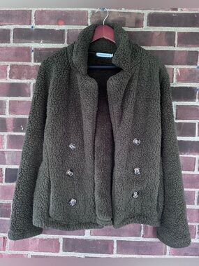 Miss Sparkling Teddy Fleece Jacket Olive Green Double Breasted Coat Women Small